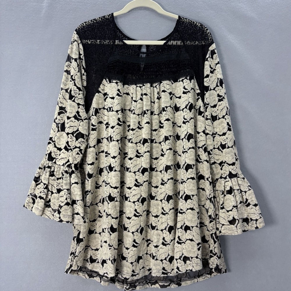 Ryu Womens Plus 2X Black Ivory‎ Floral Bell Sleeve Lace Burnout Blouse Boho
